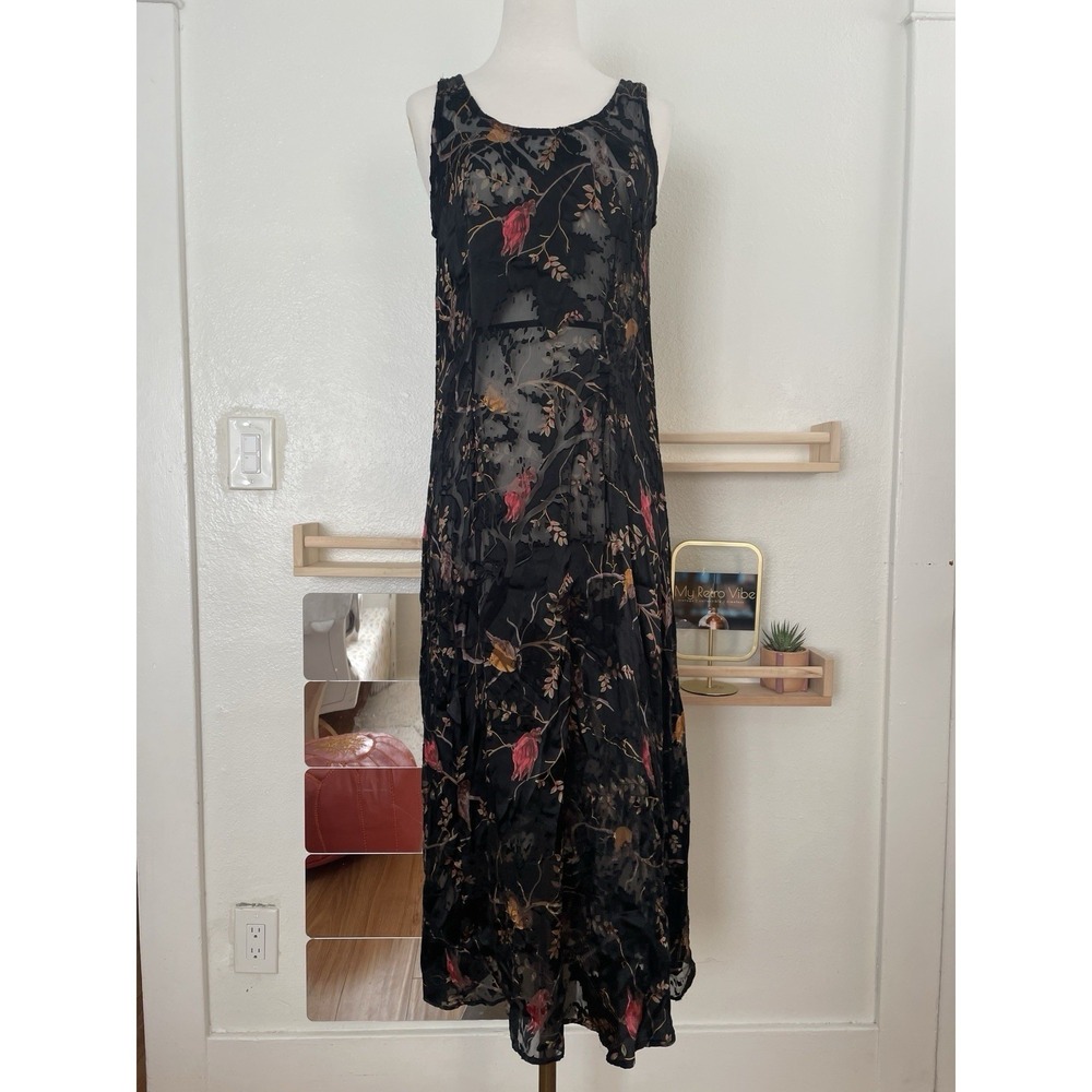 Citron Santa Monica Vintage 90s Sheer Silk Black Velvet Midi Dress - Picture 1 of 4